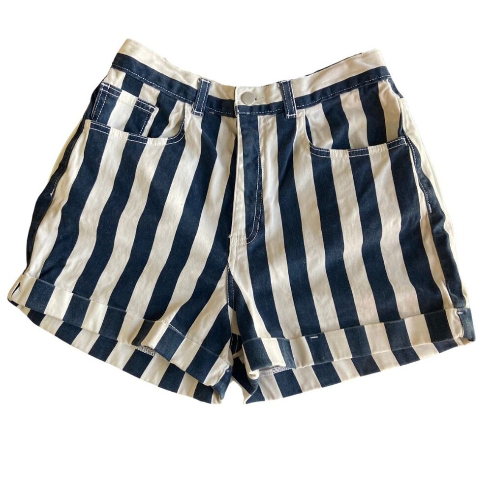 American Apparel High Waisted Blue and White Cuffed Shorts Y2K Size 28/29